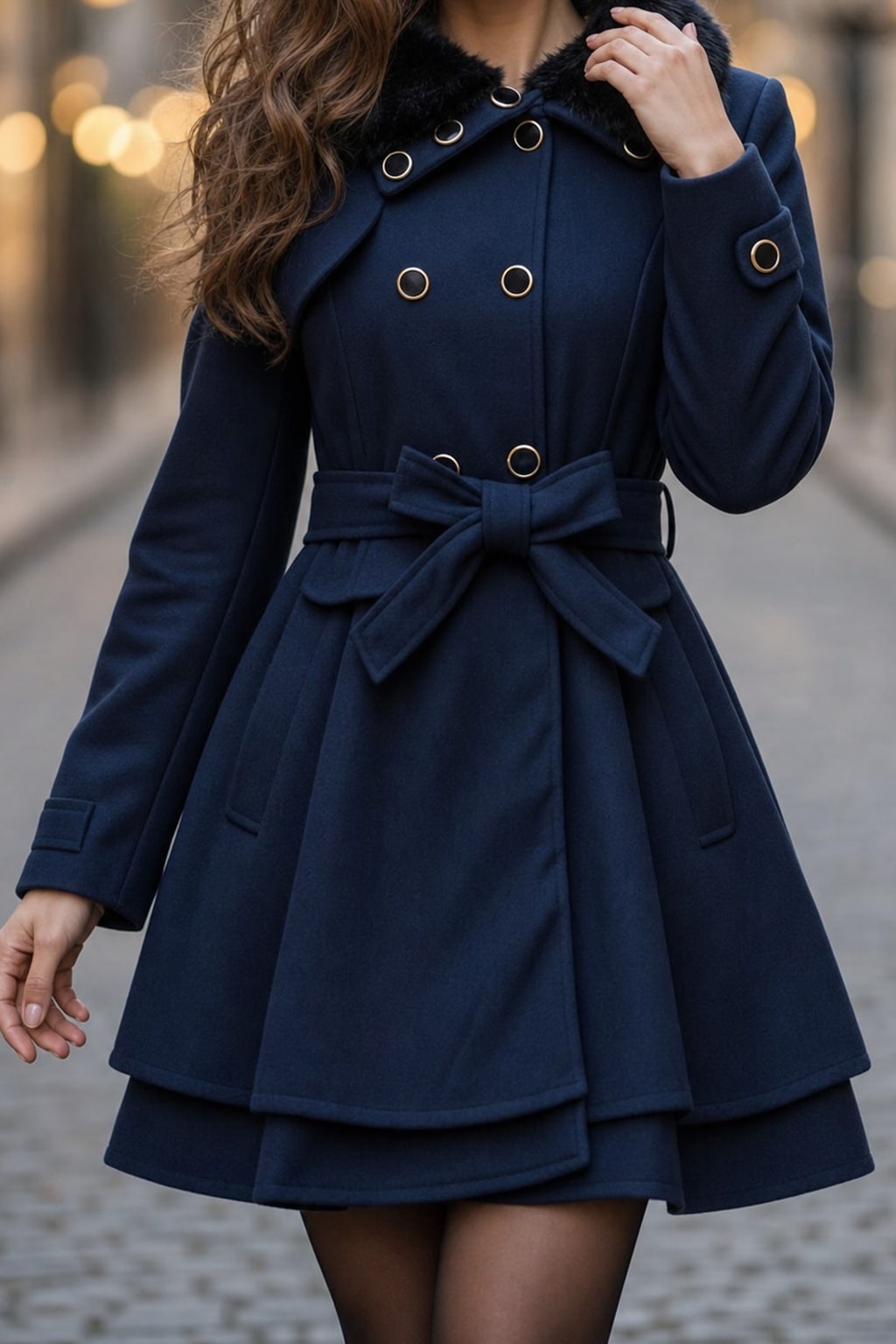 Warm Navy Blue Double Breasted Coat with Faux Fur Collar - 3
