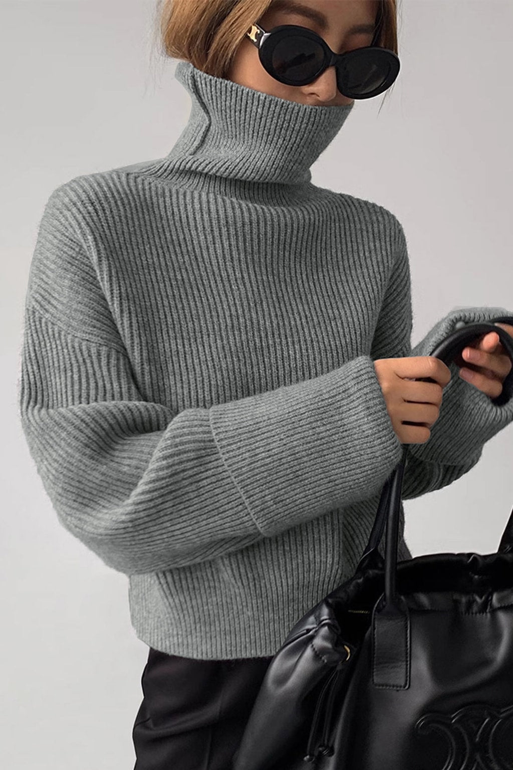 Grey Ribbed Knit Turtleneck Sweater - 3