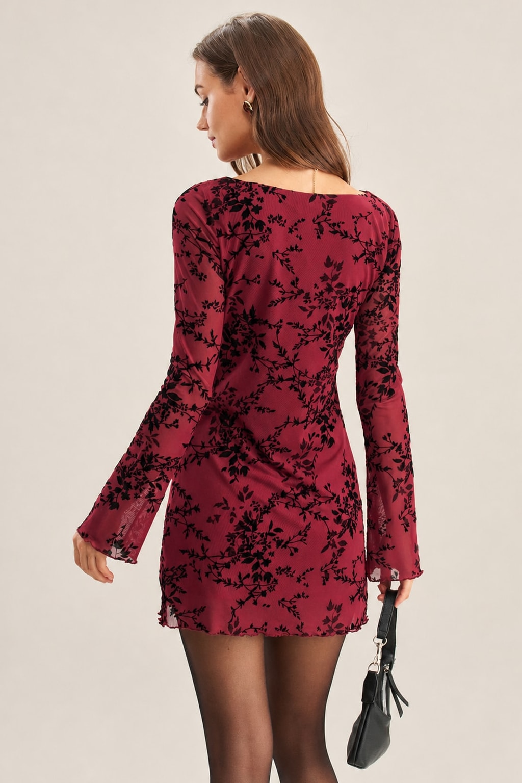 Wine Red Mesh Mini Dress With Bell Sleeves - 3