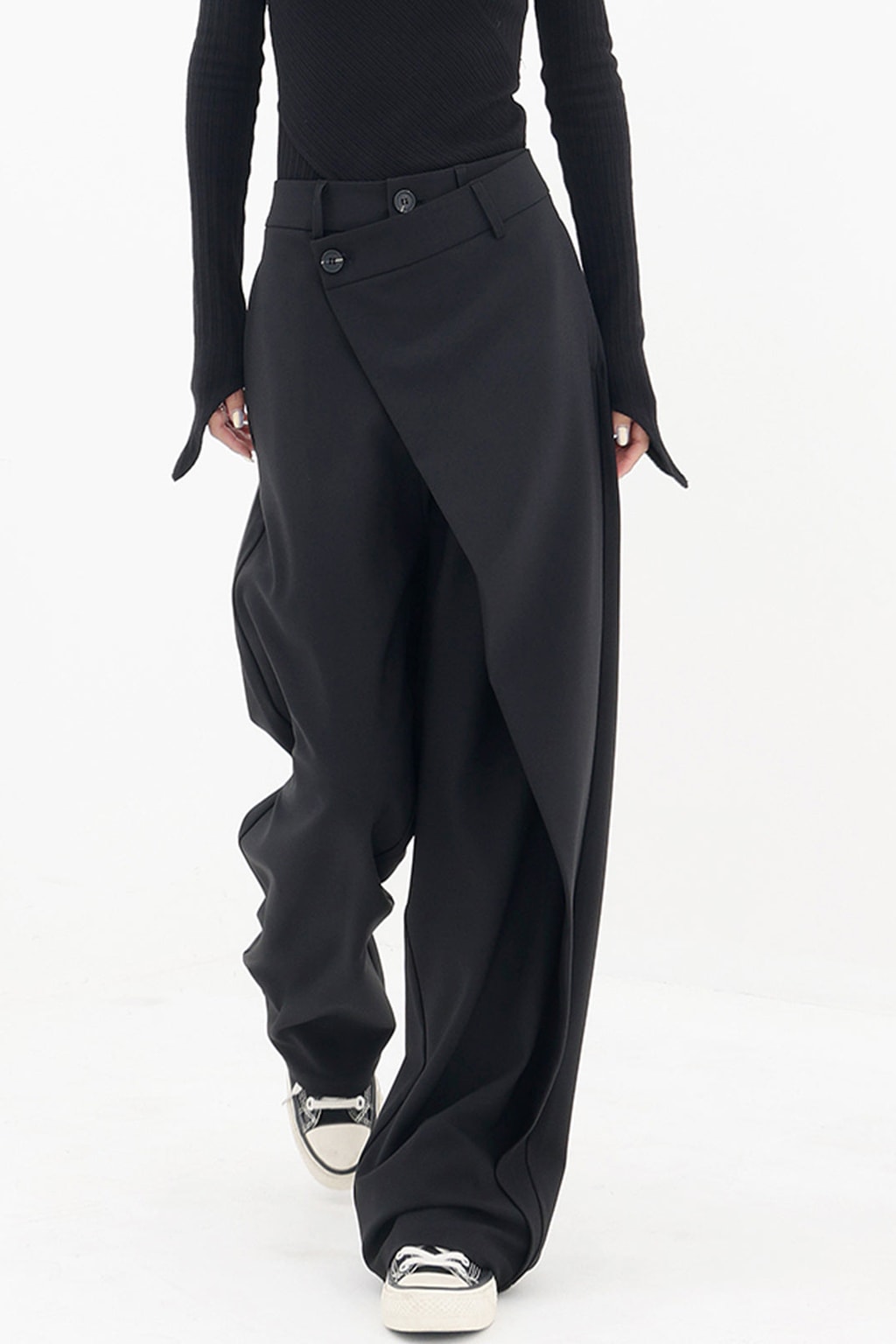 Woven Wide Leg Dress Pants With Asymmetrical Button Layer - 3