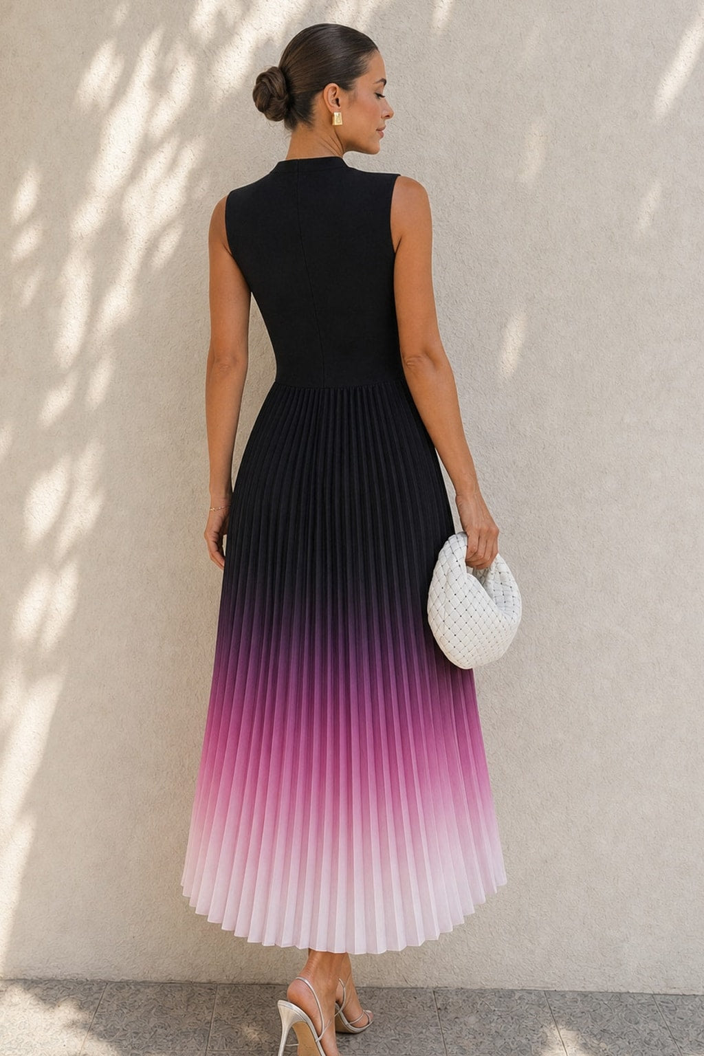 Purple Jersey Pleated Gradient Midi Dress - 3