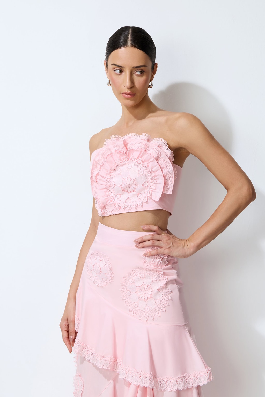 Pink Floral Lace Crop Top & Ruffled Tiered Maxi Skirt Set - 3