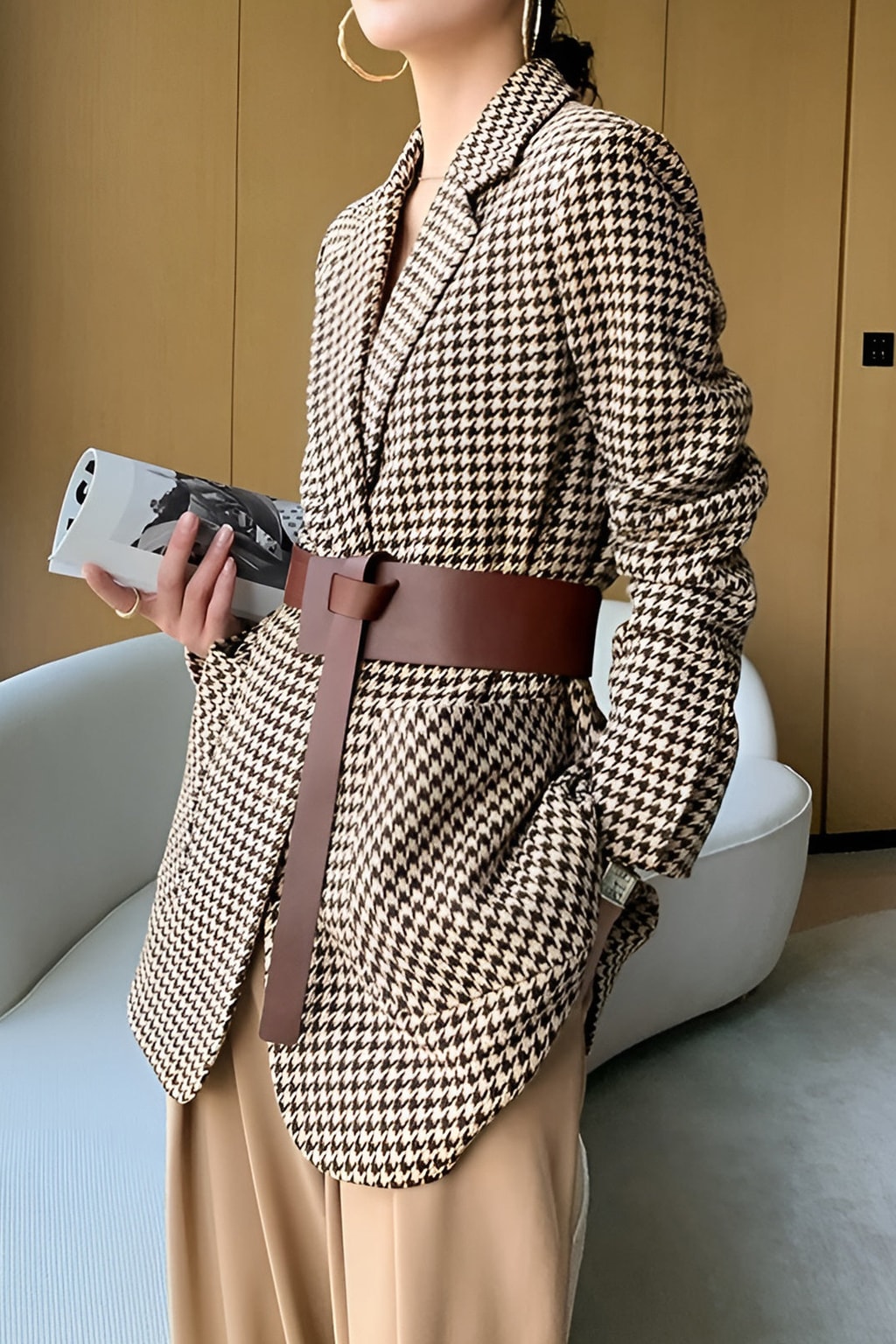 Khaki Houndstooth Blazer With Belt - 3