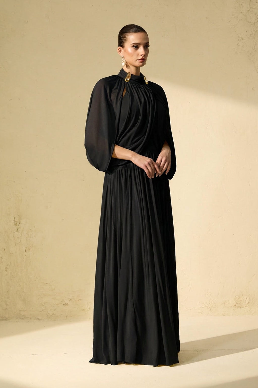 Black Cape Sleeve Knit Maxi Dress With Draped Bodice - 3