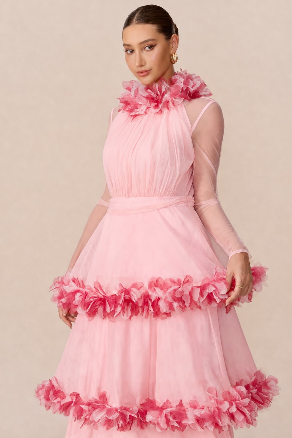 Mesh Tiered Maxi Dress With Floral Trim - 3