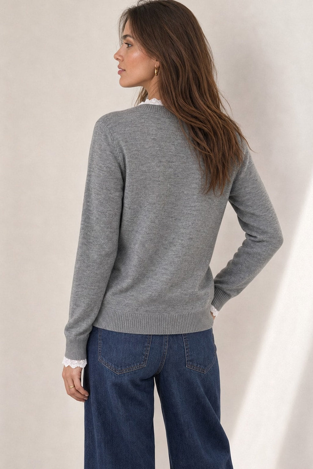 Knit Henley Sweater With Lace Trim Neckline - 3