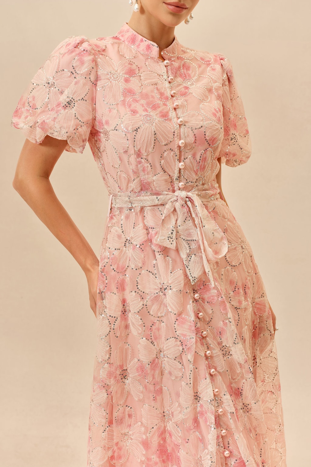 Floral Sequin Maxi Dress Puff Sleeve Tie-Waist Gown - 3
