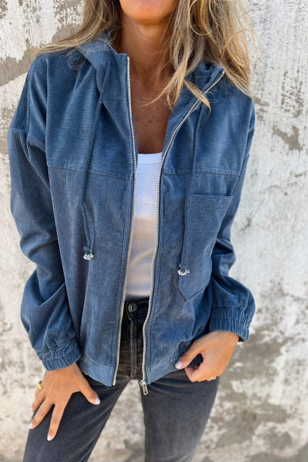 Corduroy Zip-Up Hooded Jacket with Relaxed Fit - 3