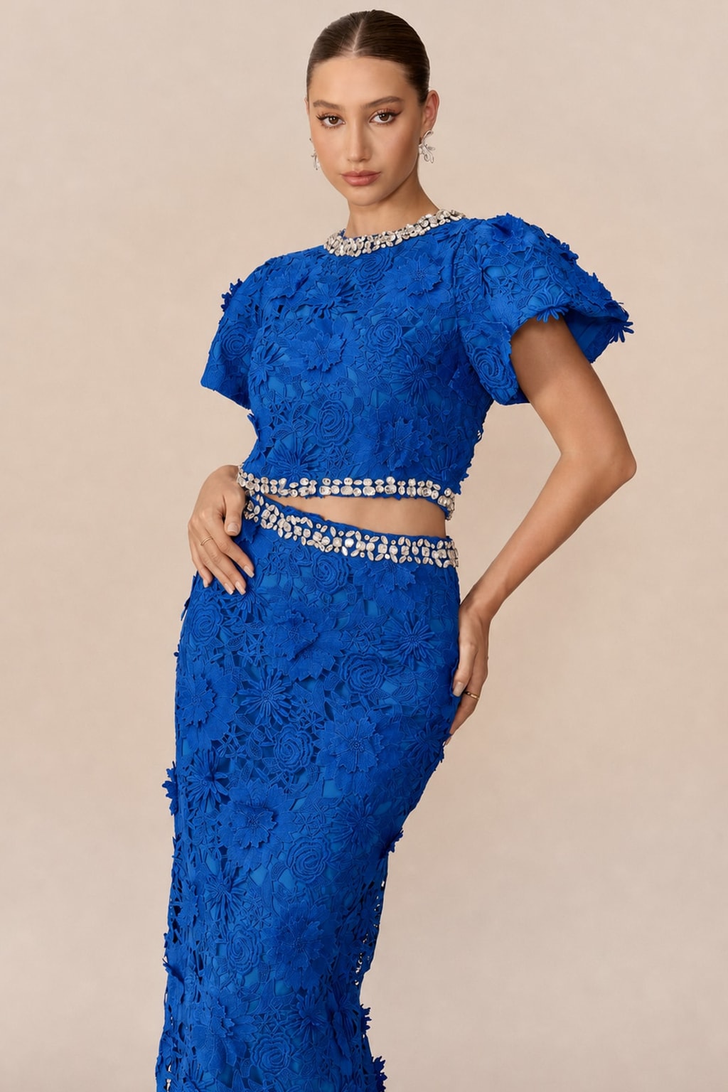 Lace Rhinestone Crop Top And Midi Skirt Set - 3