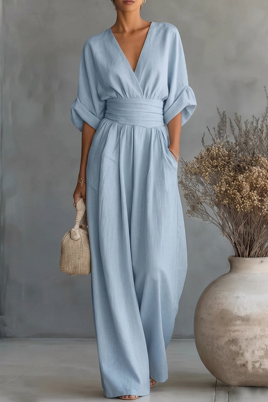 Effortless Flowy Wide-Leg Wrap Jumpsuit With V-Neck - 3