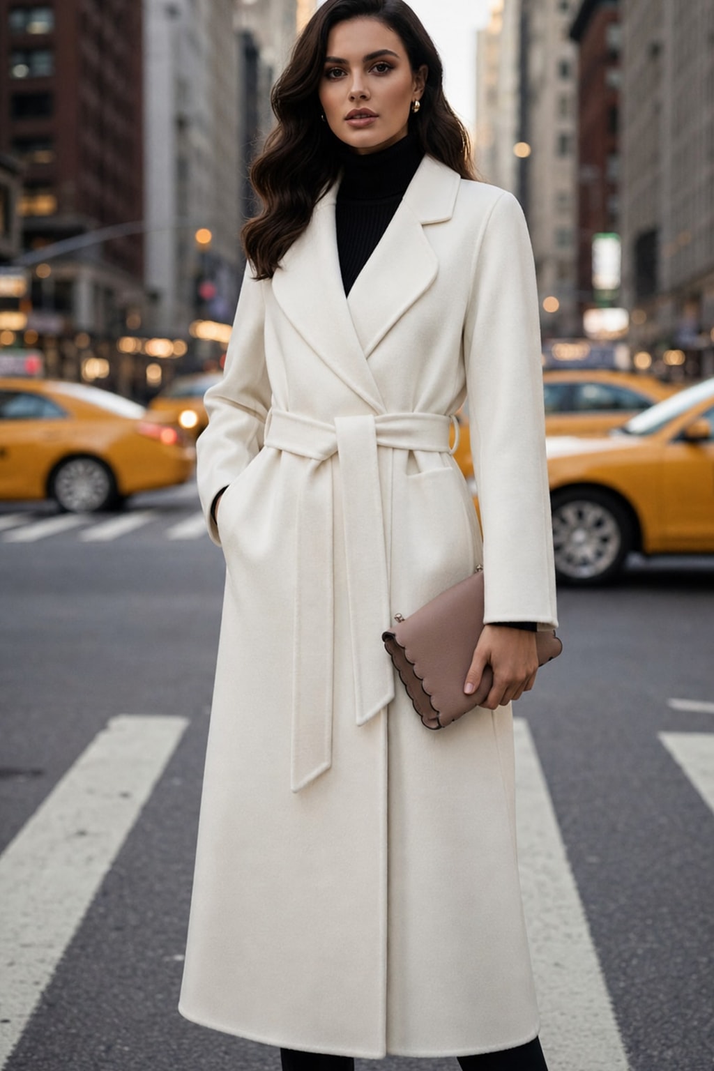 Warm White Belted Wrap Coat with Wide Lapel - 3
