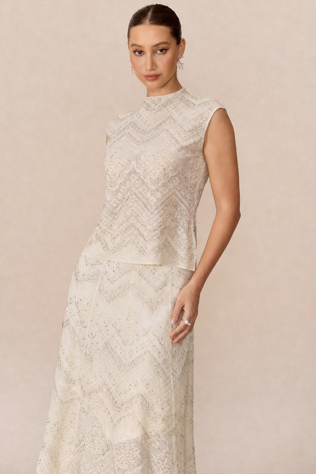 Lace Cropped Top And Flared Skirt Set - 3
