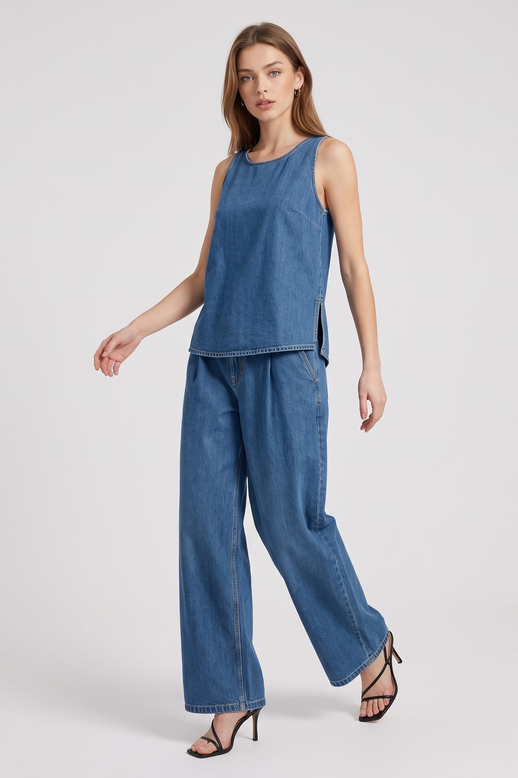 Denim Wide Leg Pants With Pockets - 3