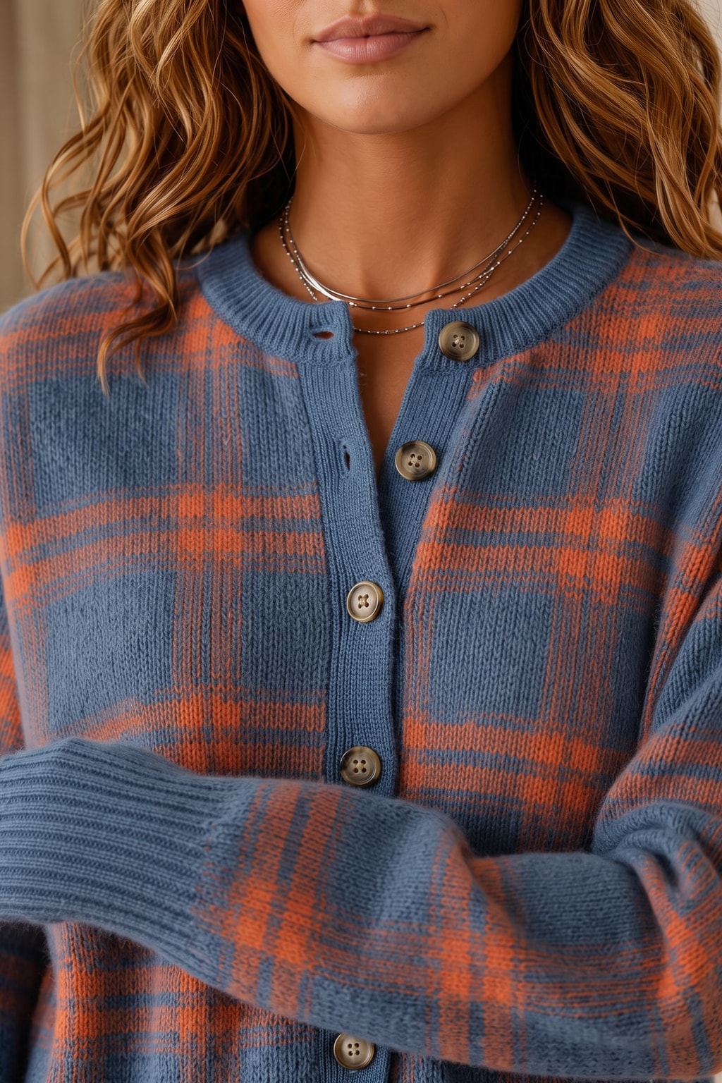Cozy Textured Plaid Knit Button-Front Sweater - 3