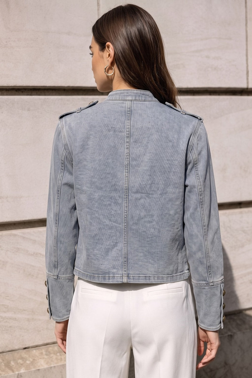 Denim Round Neck Jacket With Metallic Buttons - 3