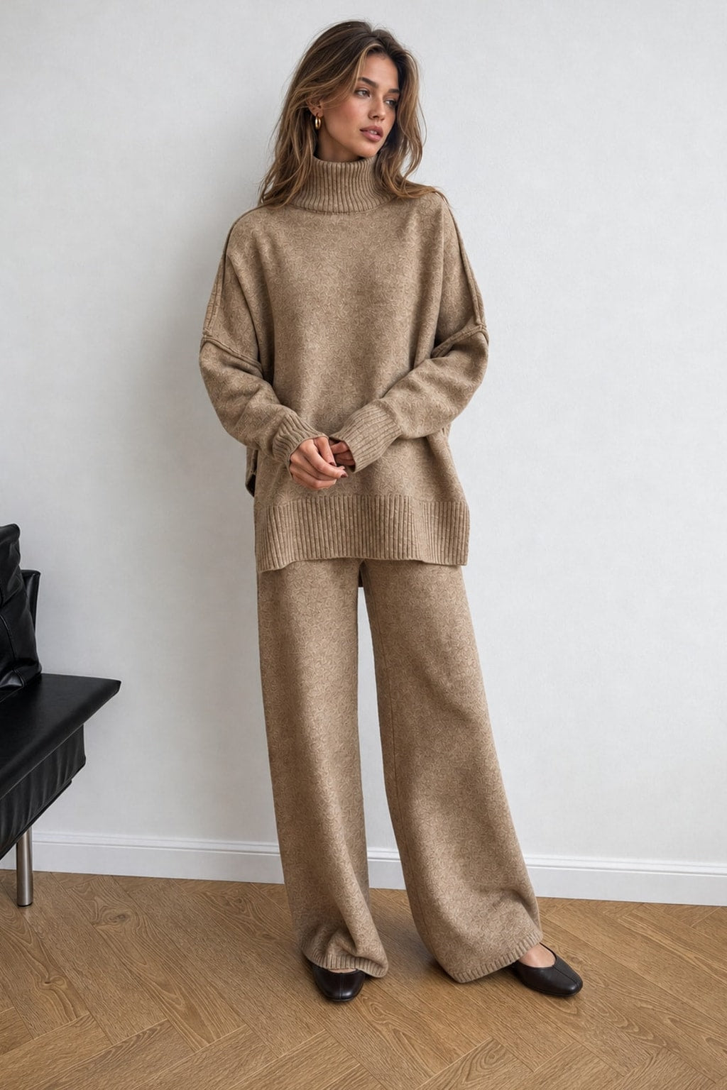 Knit Turtleneck Oversized Two-Piece Pant Set - 3