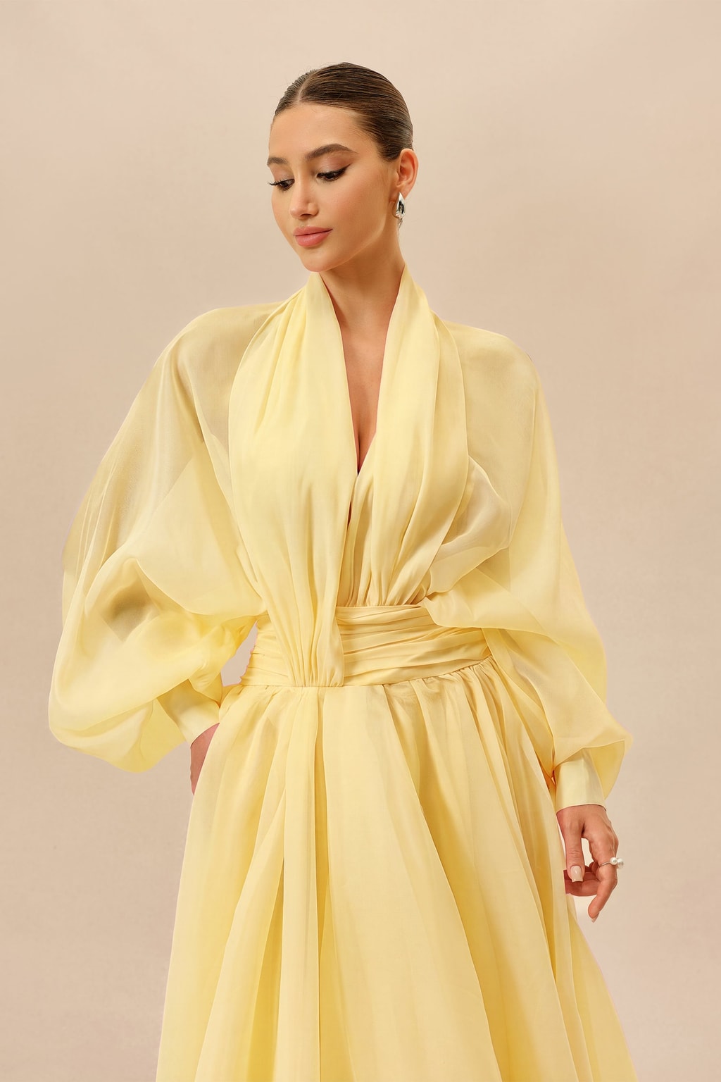 Organza V-Neck Puff Sleeve Maxi Dress - 3