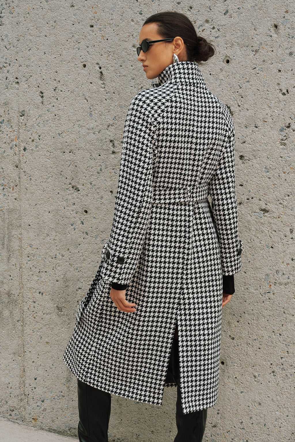 Tweed Houndstooth Belted Long Trench Coat - 3