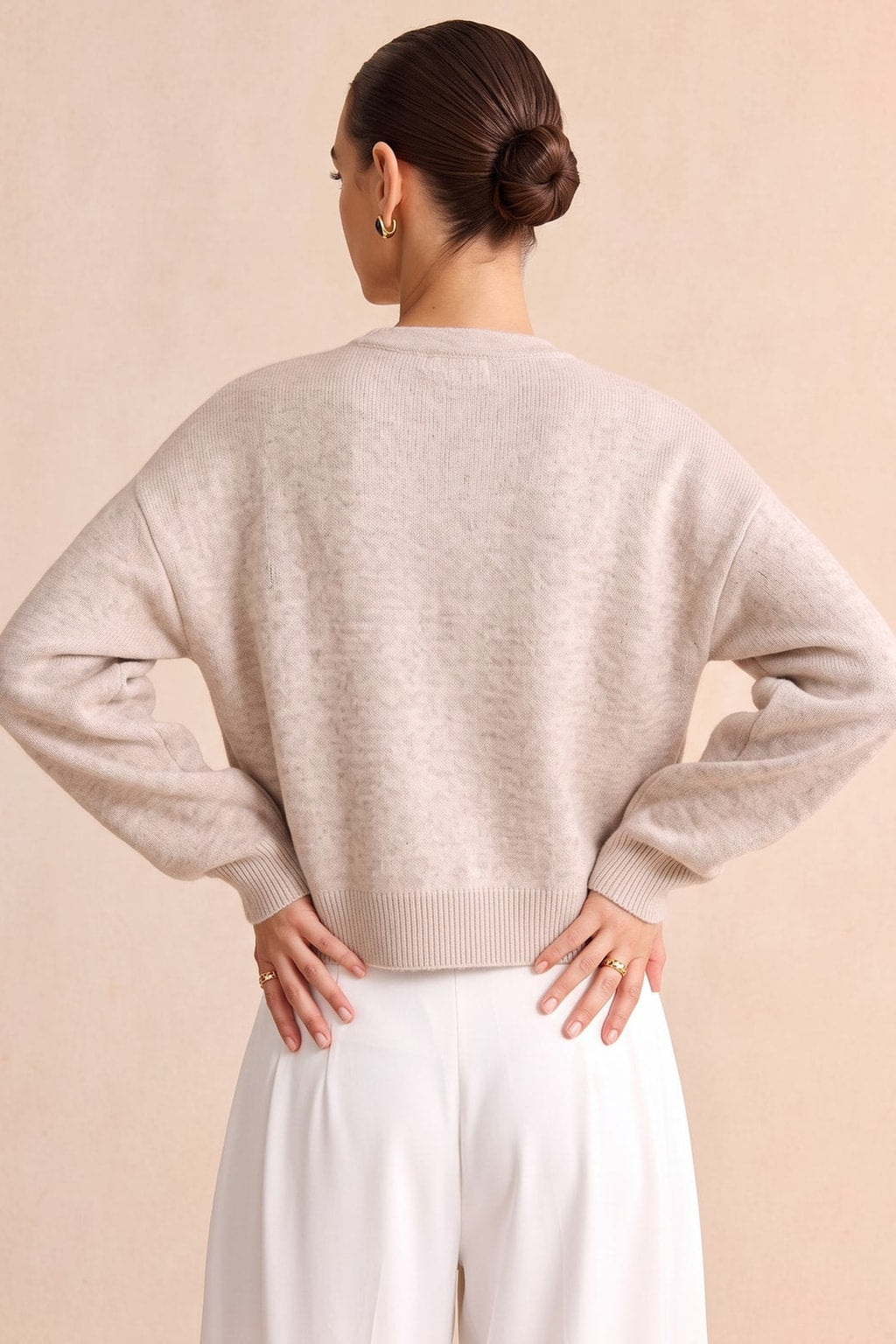 Beige Knit Round-Neck Frogging Cardigan - 3