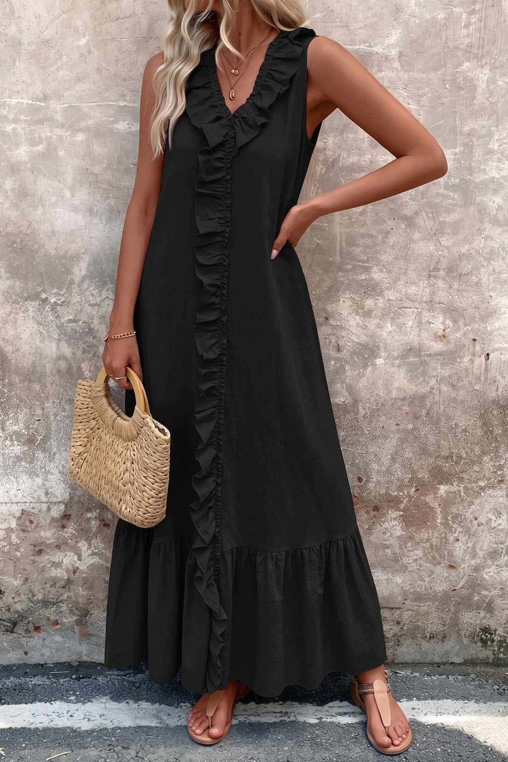 Effortless Cotton V-Neck Maxi Dress With Ruffle Trim - 3