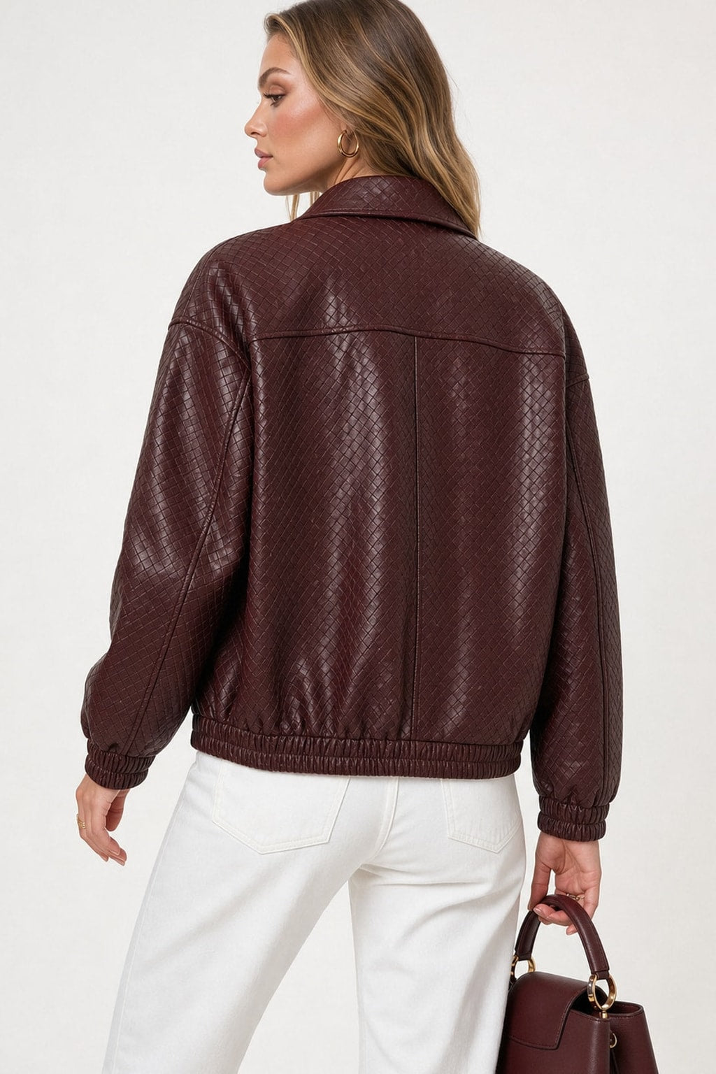 Faux Leather Bomber Jacket in Burgundy - 3