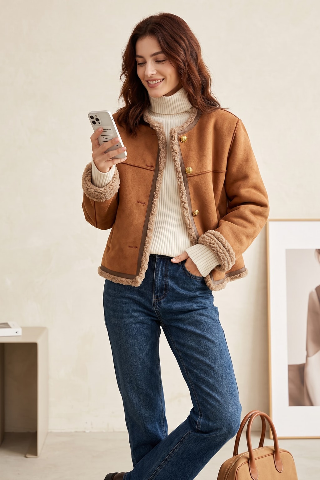 Cozy Suede Shearling Jacket Cropped Collarless - 3