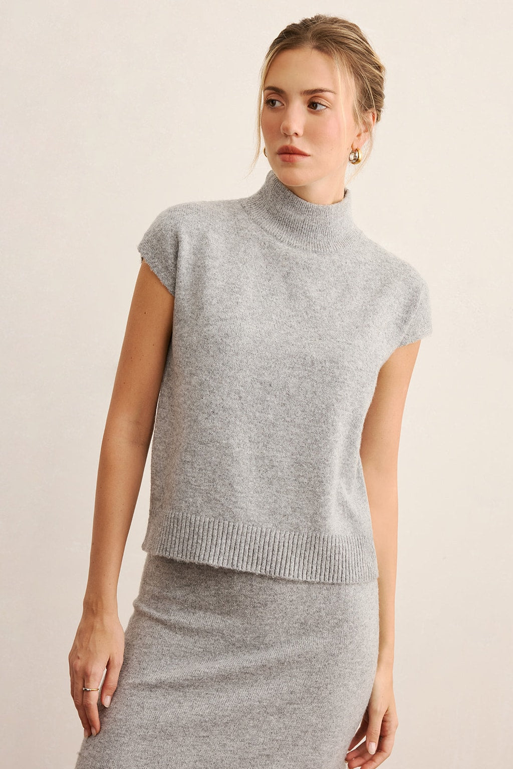 Knit Mock Neck Top And Midi Skirt Set - 3