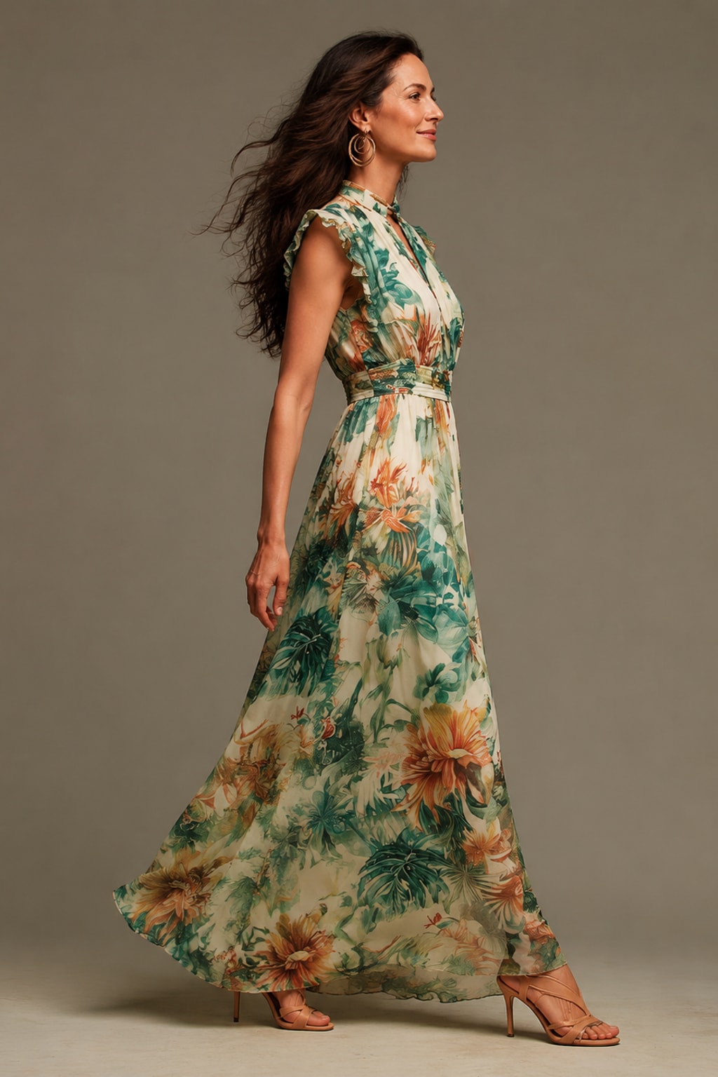 Green Botanical Chiffon Maxi Dress, Ruffle V-Neck - view 3