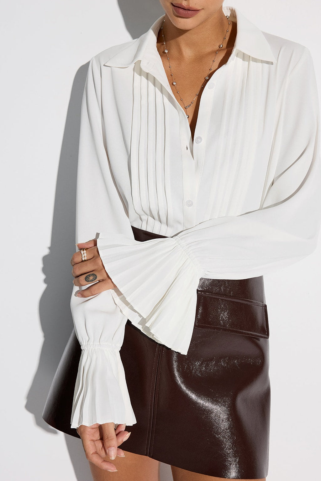 Polyester Pleated Bell Sleeve Shirt - 3