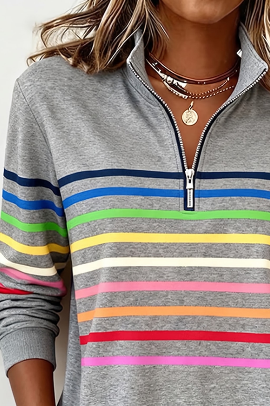 Cozy Knit Quarter-Zip Pullover with Striped Bands - 3