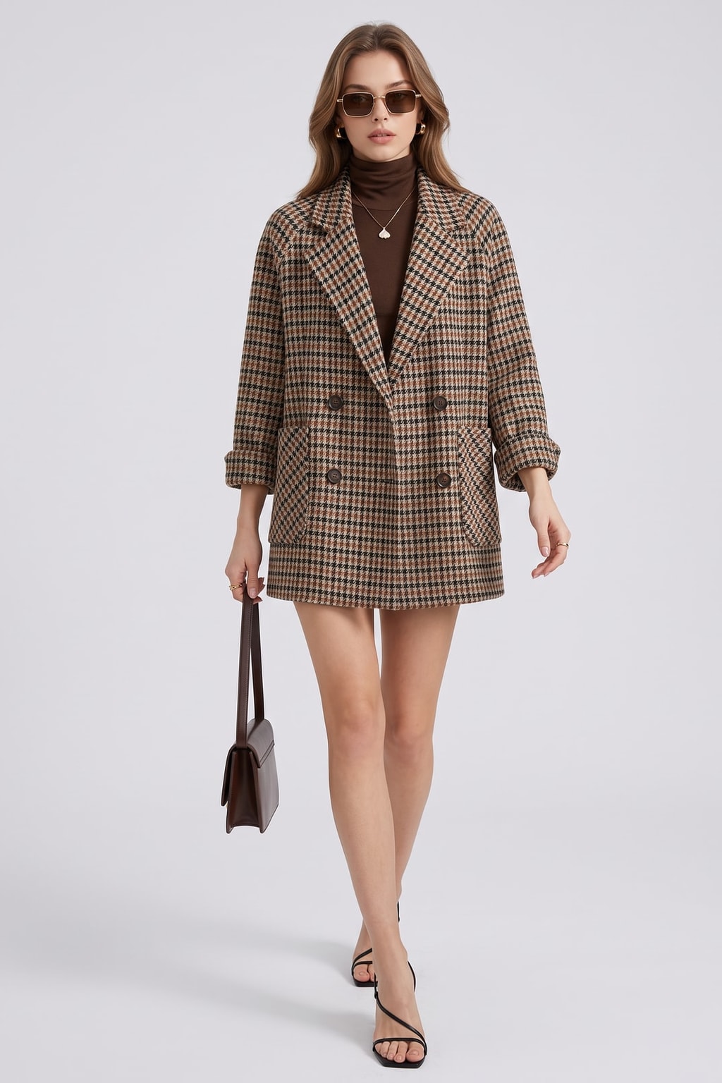 Elegant Brown Houndstooth Oversized Double-Breasted Blazer - 3