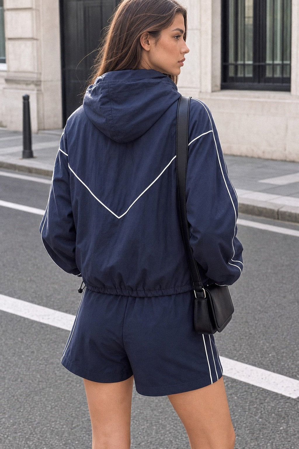 Navy Woven Two-Piece Short Set With Hidden Hood - 3