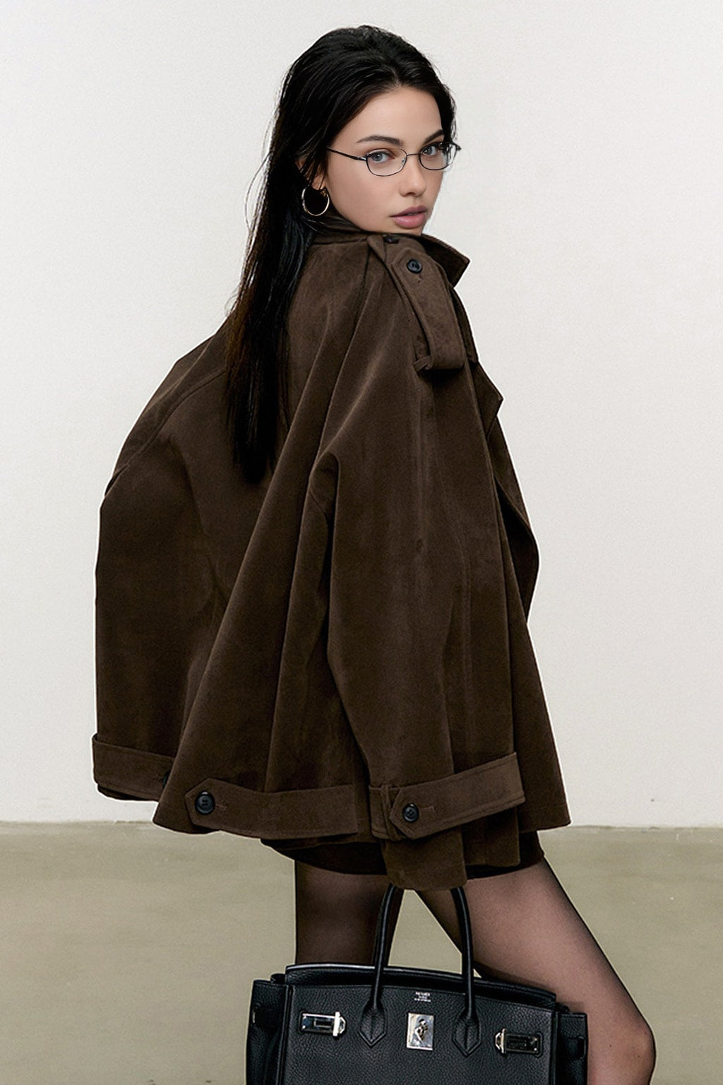 Suede Effect Oversized Jacket With Lapel Collar - 3