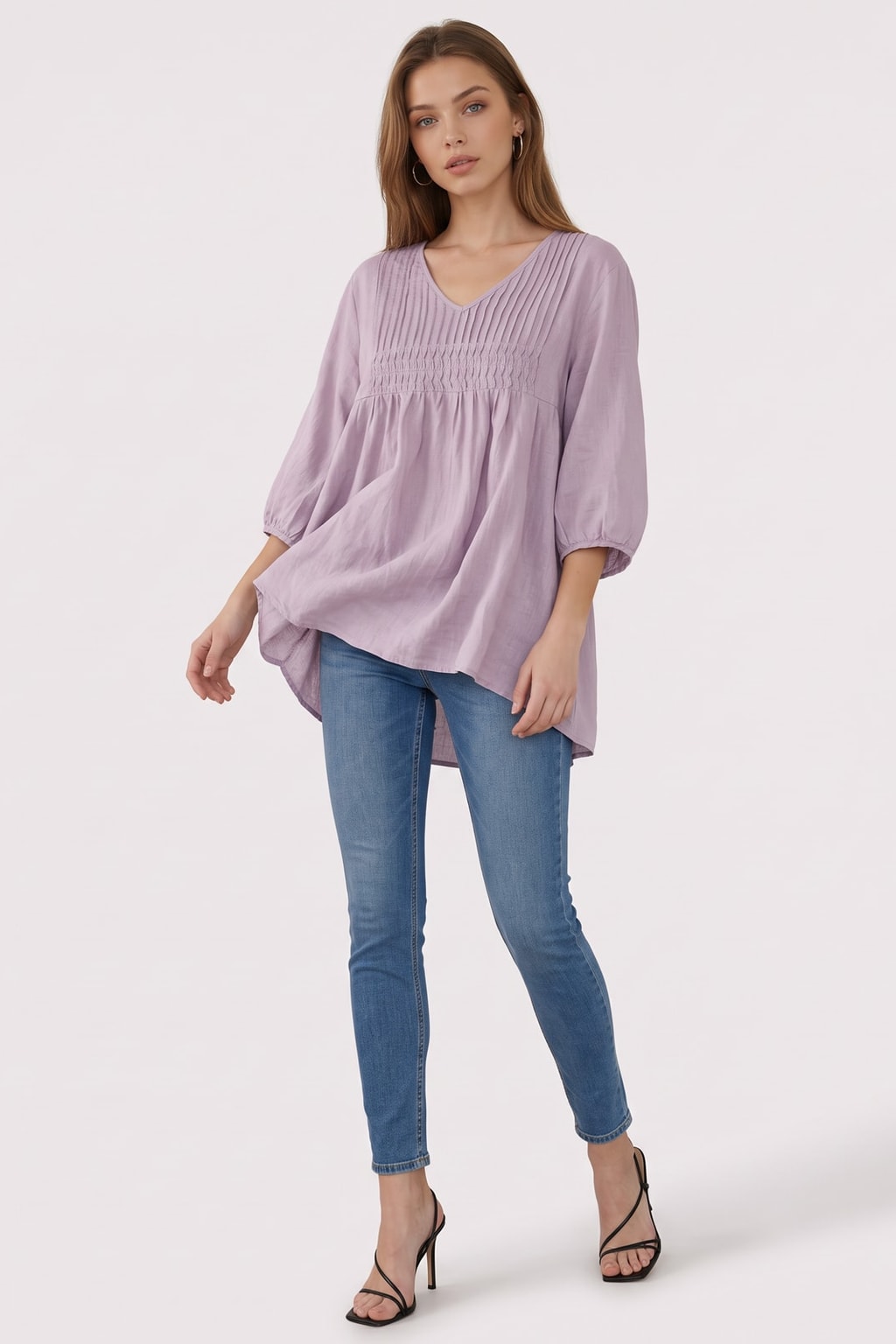 Effortless Cotton Linen Blouse With Smocked High-Low Hem - 3