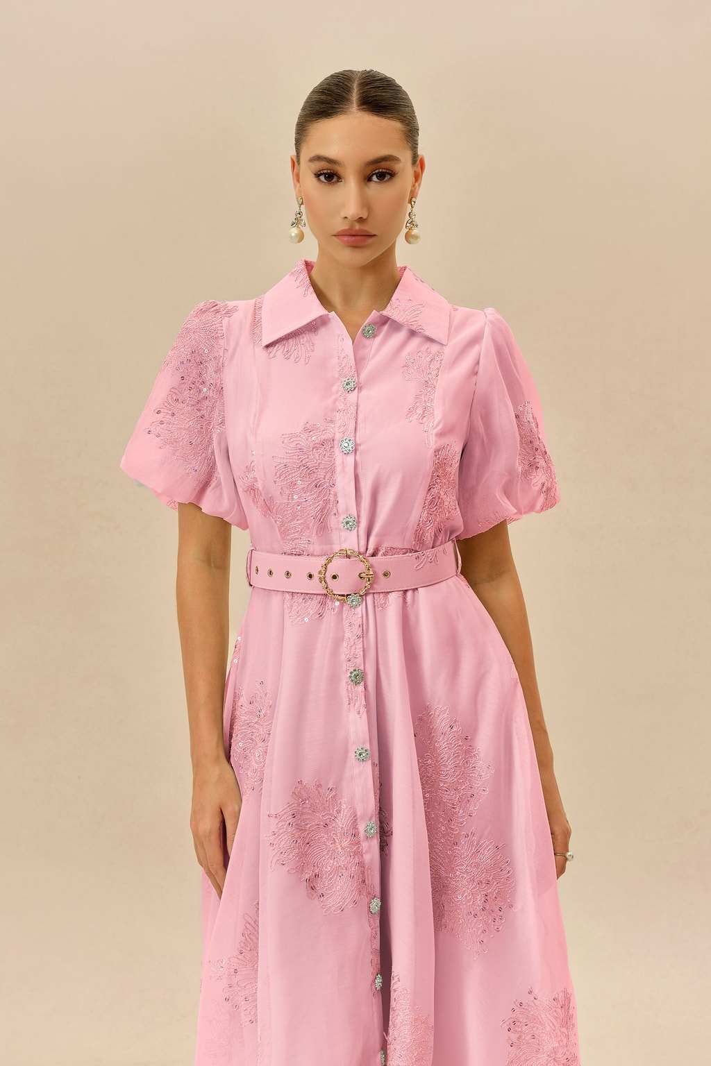 Pink Floral Embroidered Maxi Dress Belted Shirt Collar - 3