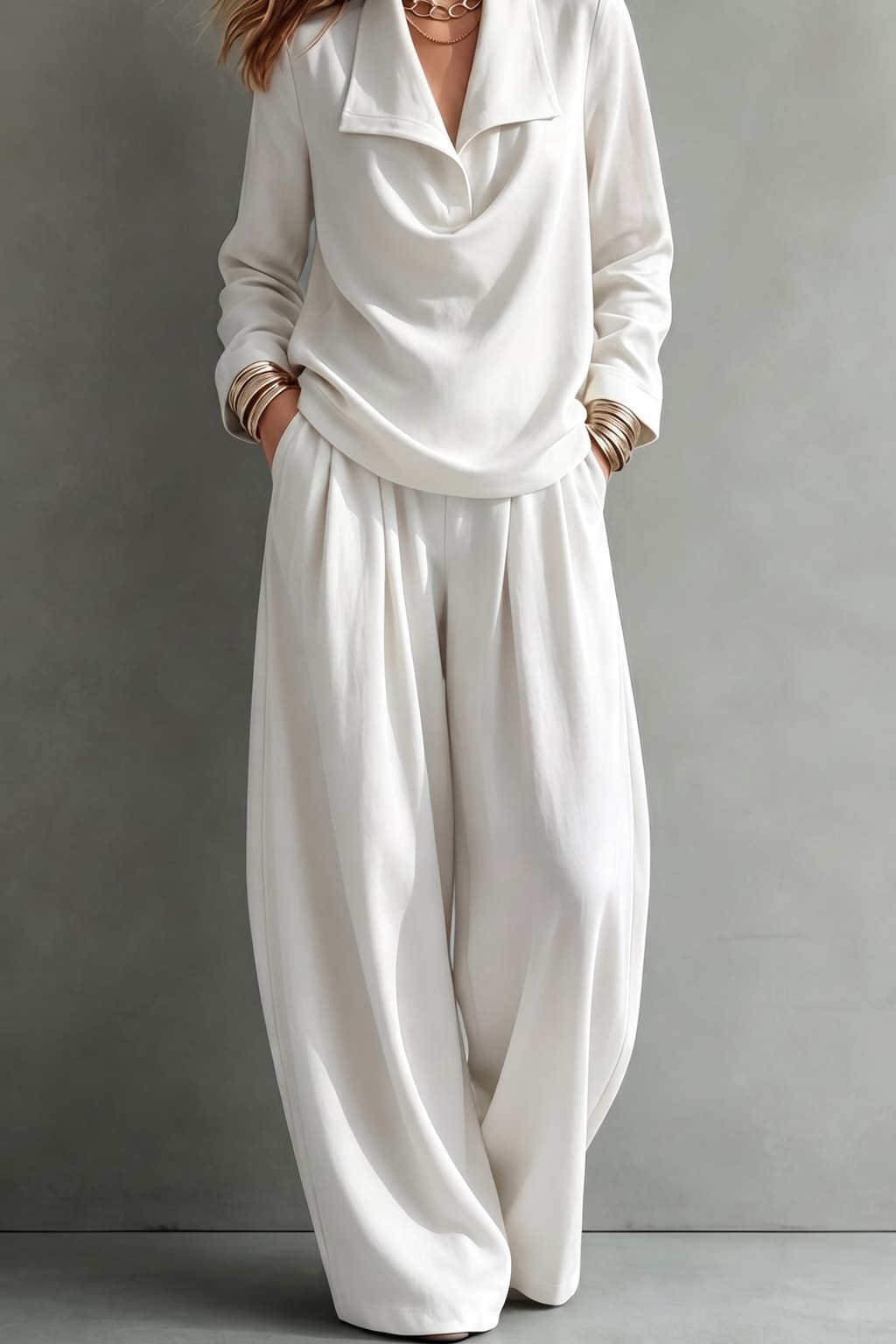Effortless Polyester Lapel Blouse and Wide-Leg Trouser Two-Piece Set - 3
