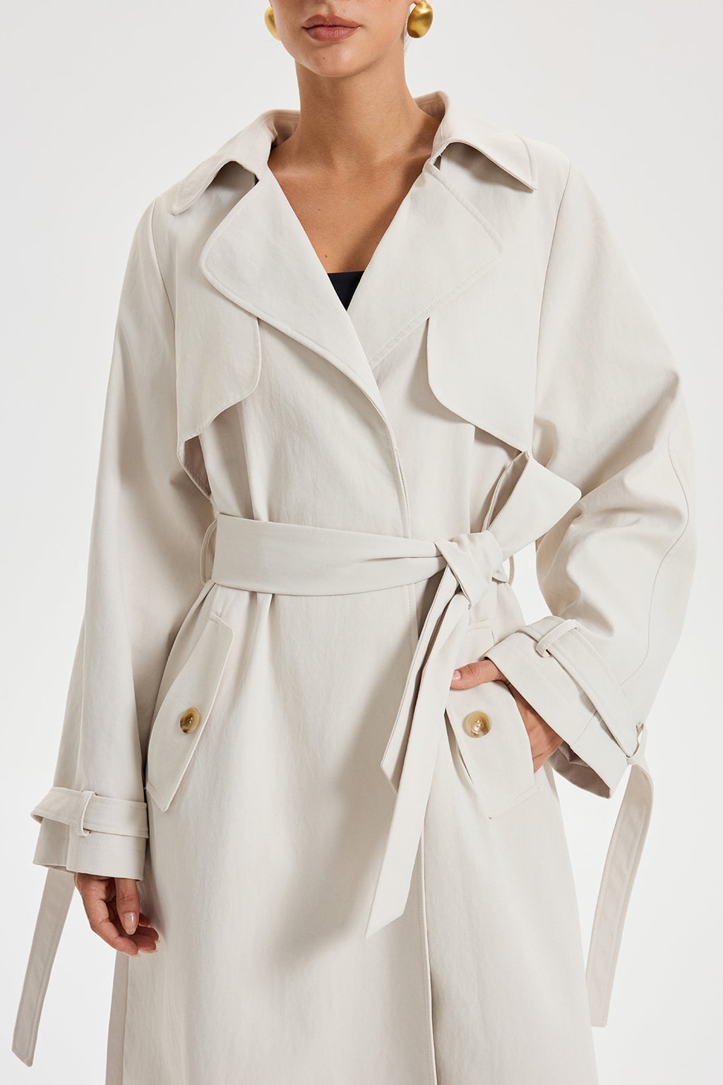 Woven Trench Coat With Belted Double-Breasted Front - 3