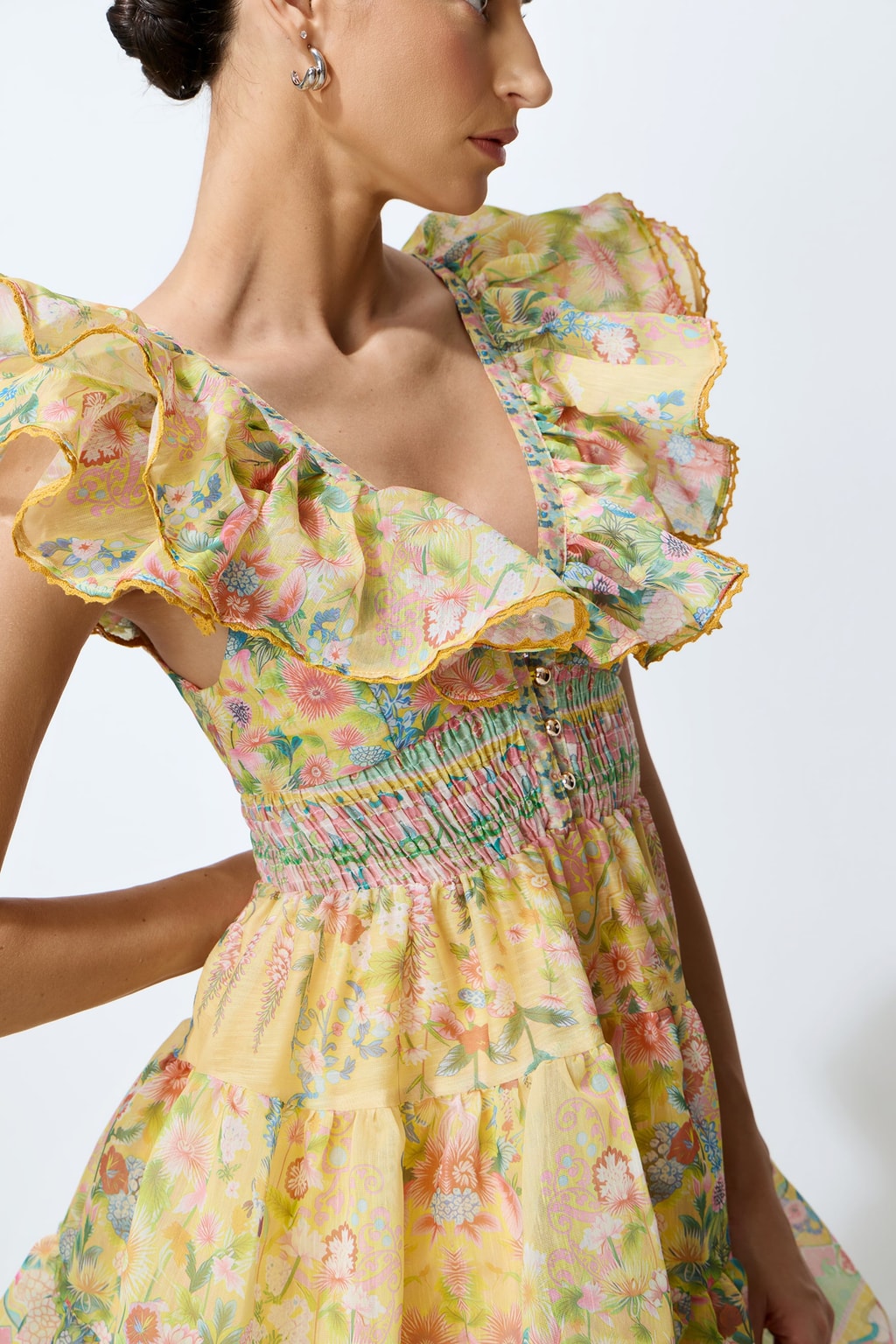 Polyester Ruffle-Trim Floral V-Neck Mini Dress - 3