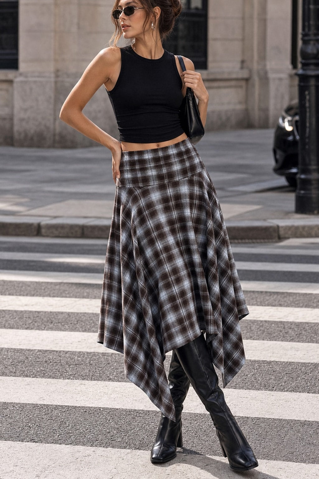 Plaid Midi Skirt With Asymmetric Hem - 3