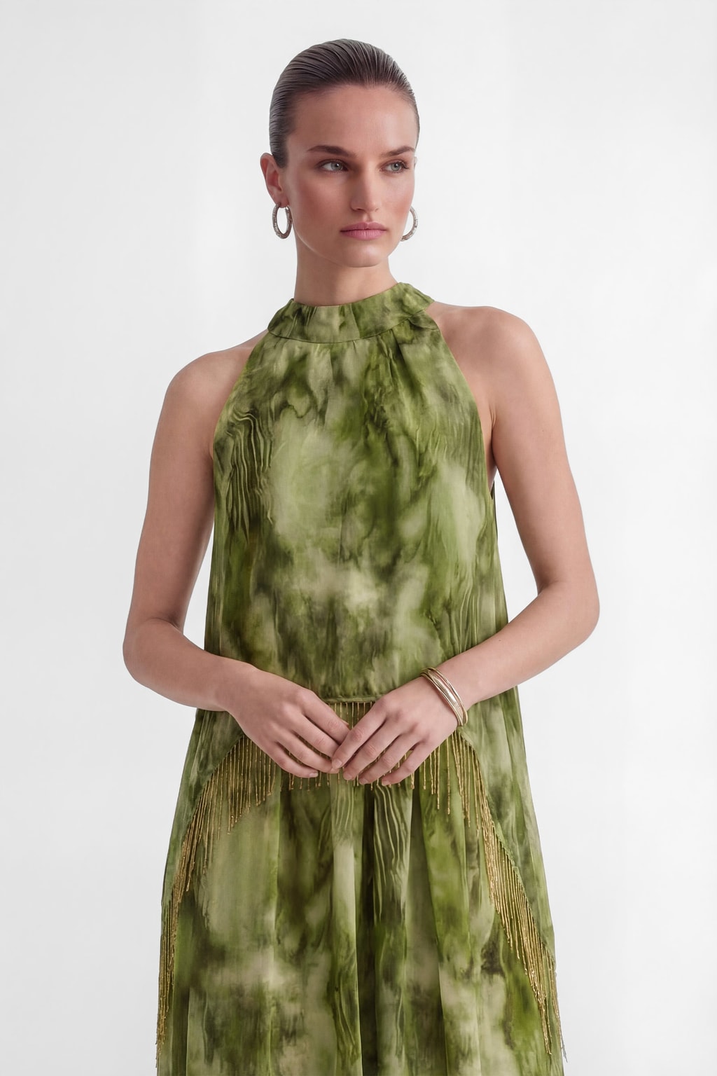 Green Halter Fringe Maxi Dress With Tie-Dye Print - 3