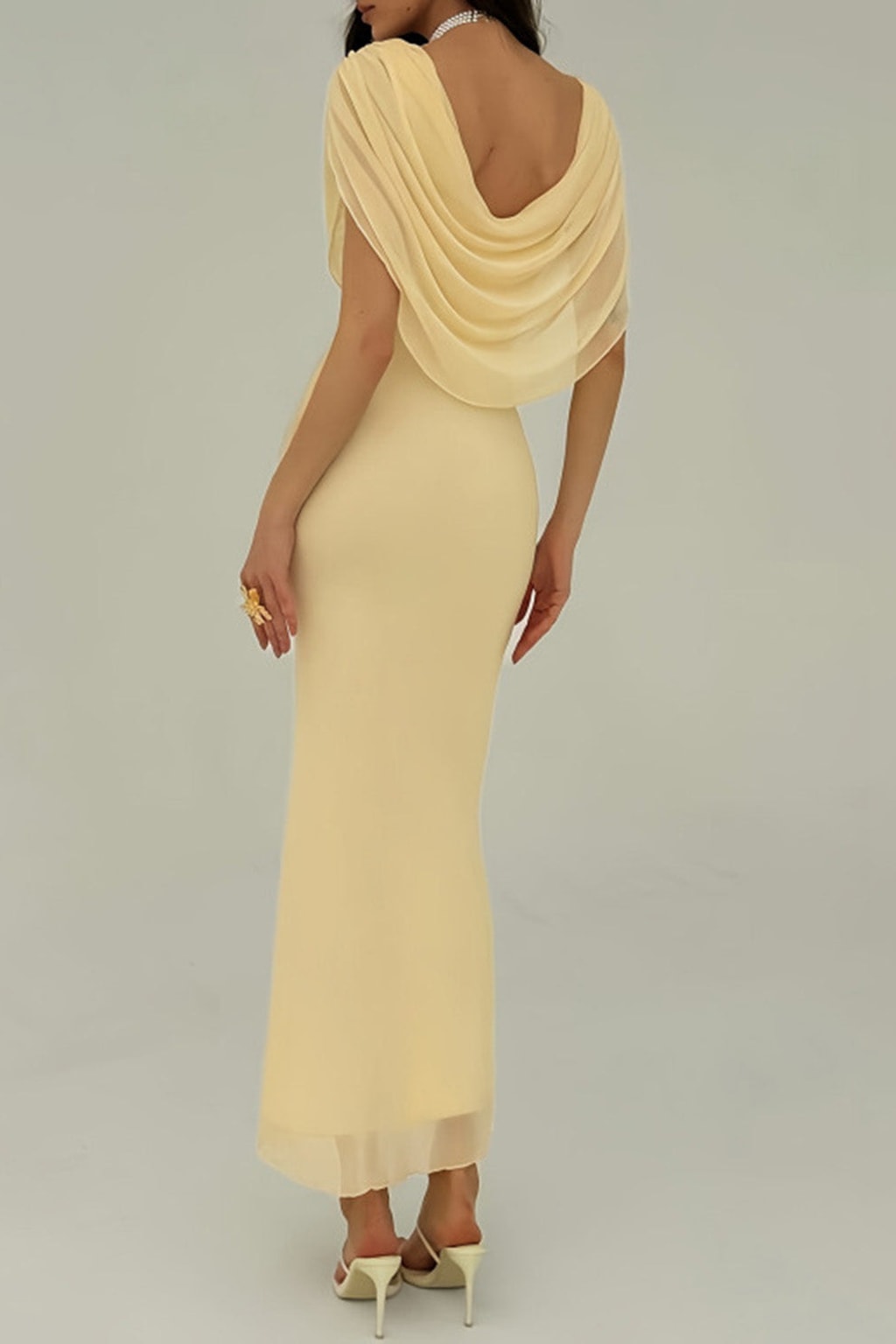 Yellow Cowl Neck Maxi Dress With Pleated Waist - 3