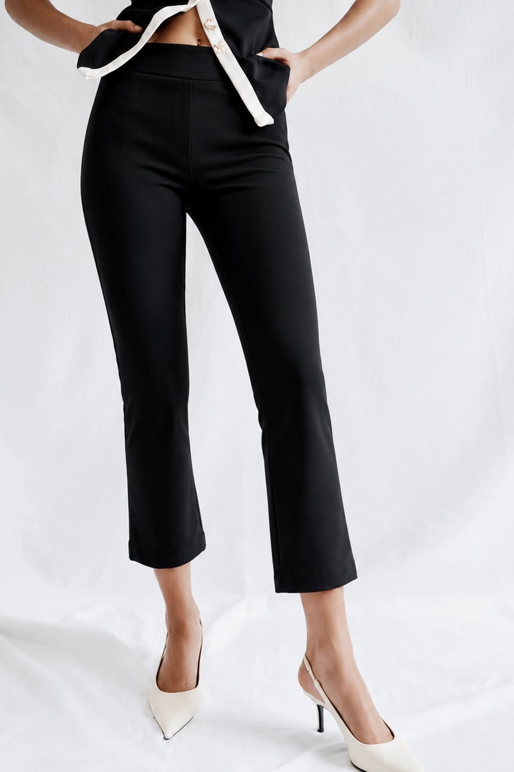 Black Stretch Woven Flared Ankle Pants - 3