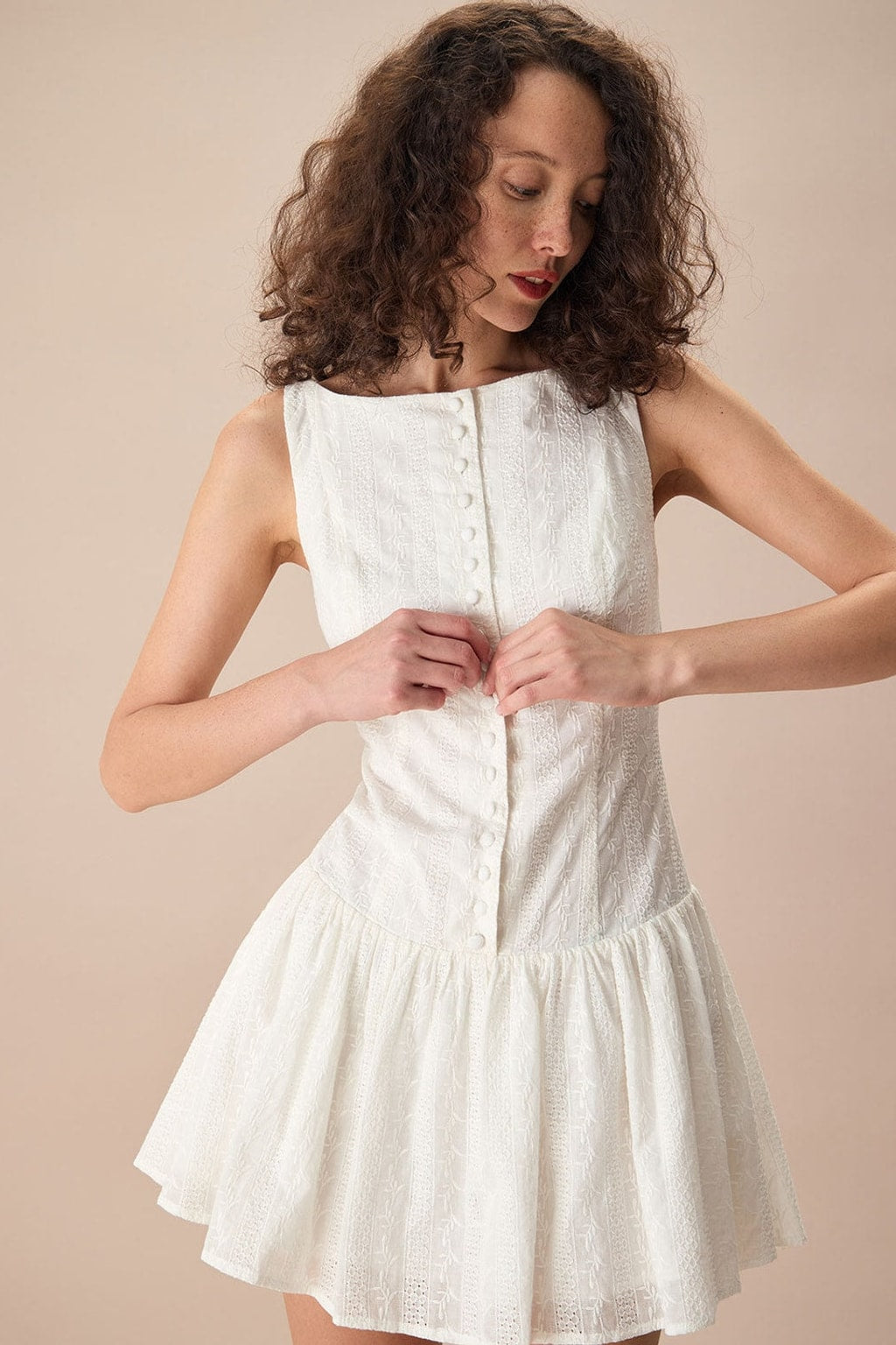 White Jacquard Cotton Mini Dress with Boat Neck A-Line Fit - 3