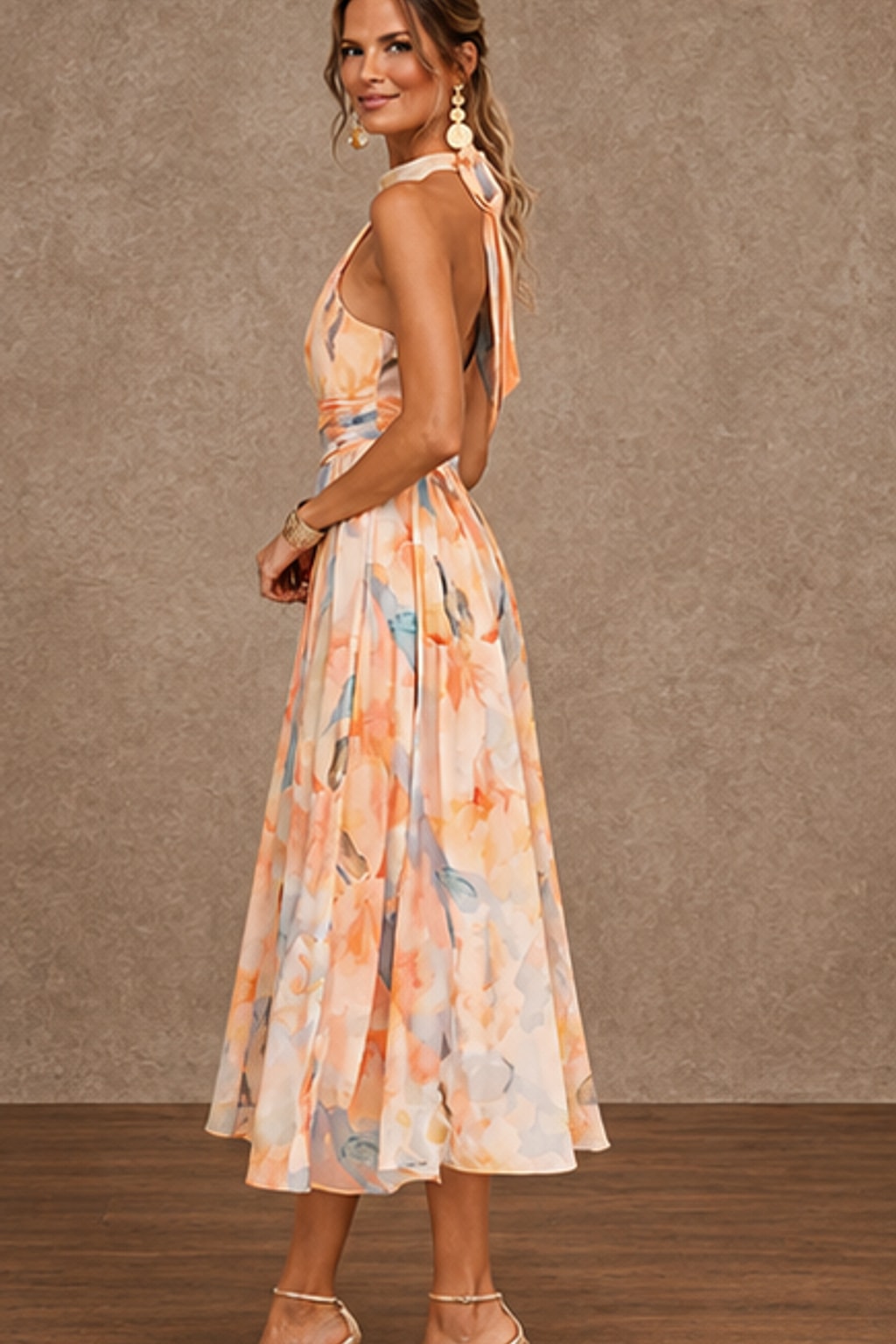 Elegant Watercolor Print Halter Maxi Dress - 3