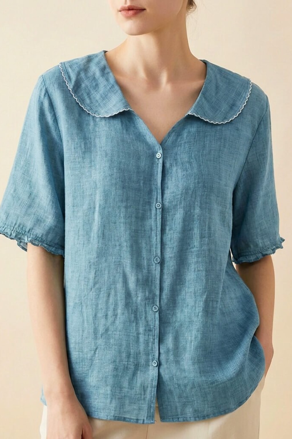 Effortless Cotton Linen Blouse With Scalloped Collar Detail - 3