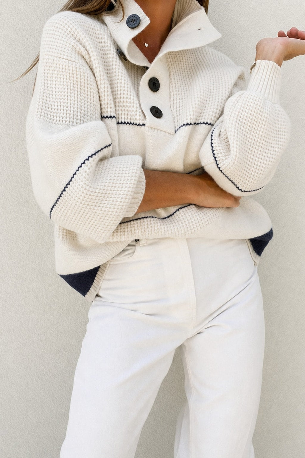 Knit Open-Collar Button-Up Sweater - 3