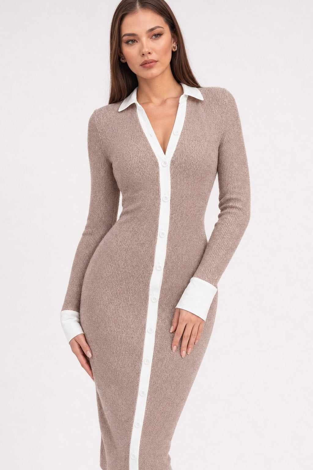Elegant Khaki Knit Patchwork V-Neck Midi Dress - 3