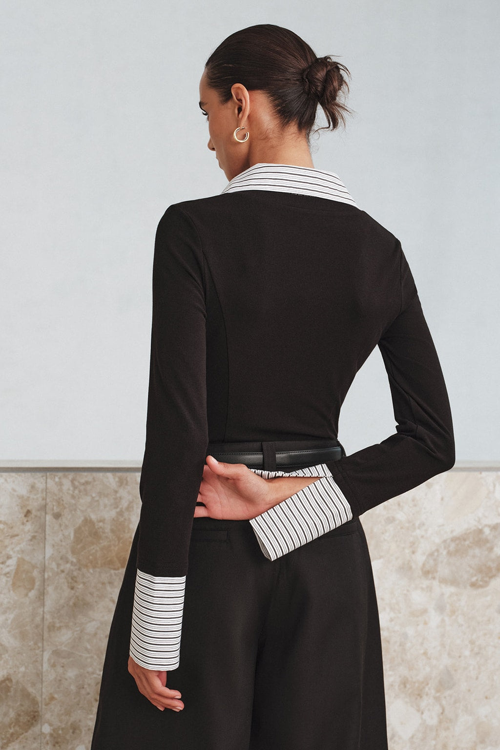 Ribbed Long-Sleeve Mock Two-Piece Polo Top - 3