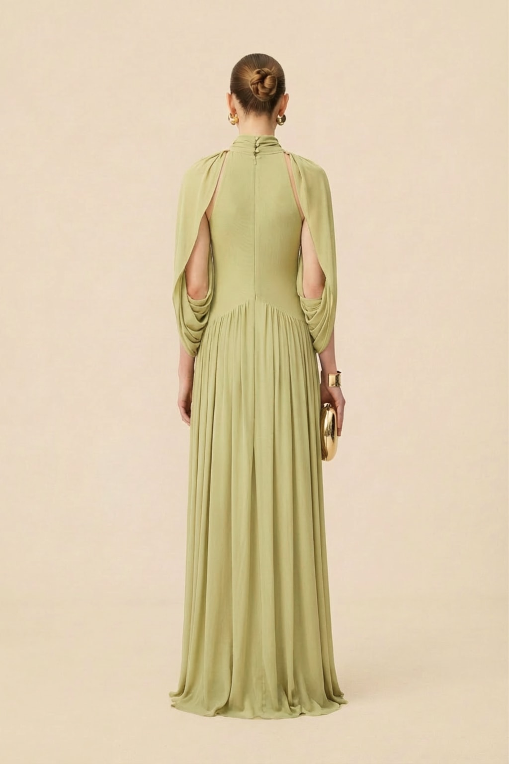 Green Draped Maxi Dress With Cape Sleeves & Pleated Skirt - 3