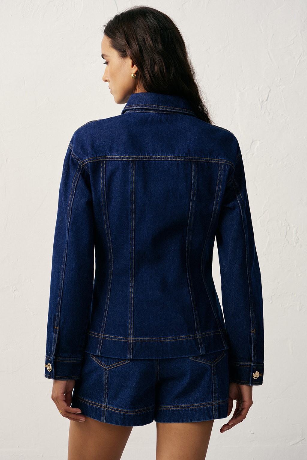 Denim Jacket with Cinched Waist And Metal Buttons - 3